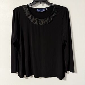 Susan Graver Black Liquid Knit Satin Ruched Round Neck Blouse Long Sleeves 1X